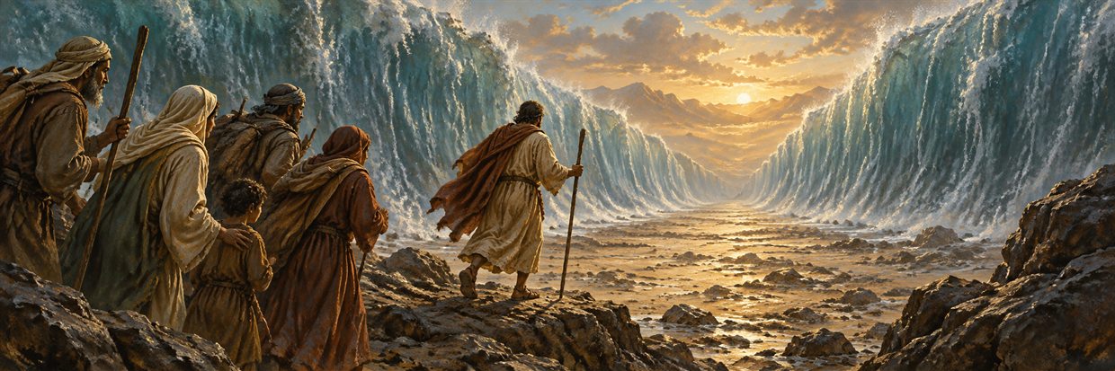 Travelers take their first steps through a parted sea toward dawn.