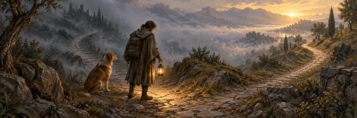 A traveler with a small lamp pauses where a foggy path divides.