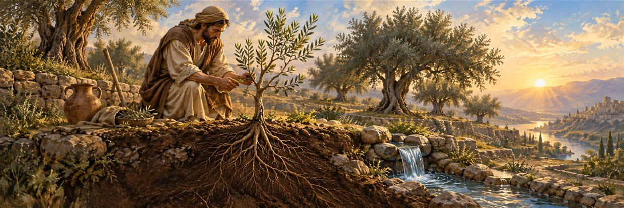 A gardener tends a deeply rooted young olive tree beside living water.