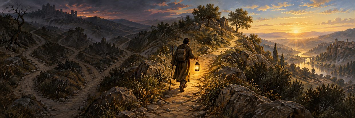 A traveler follows a lamp-lit path from shadow toward sunrise.