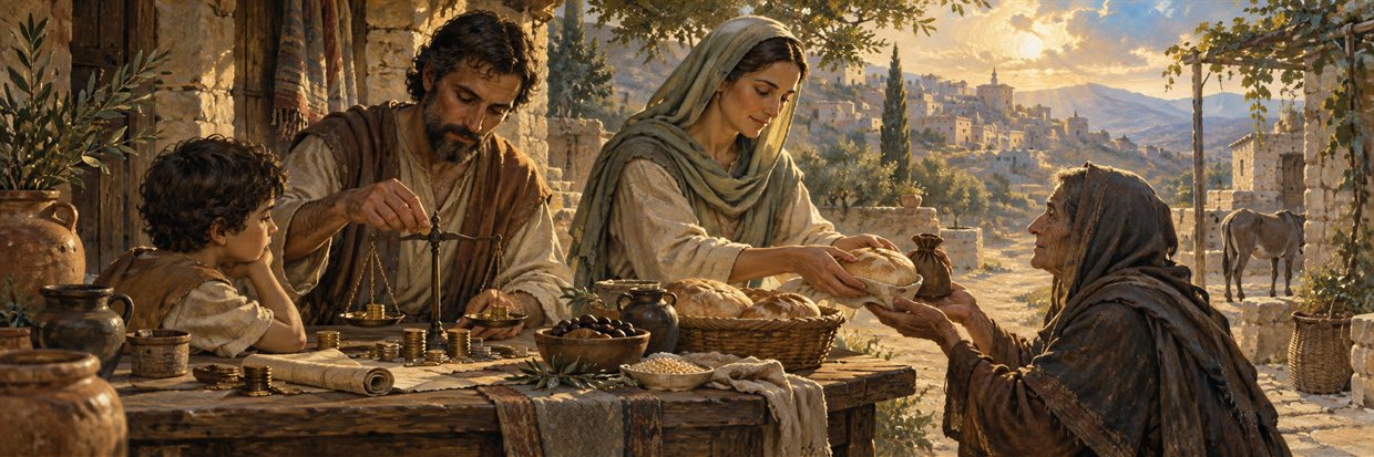 A household balances daily needs while sharing bread with a neighbor.