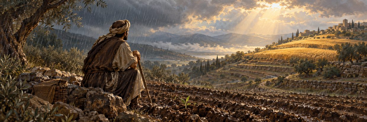 A farmer waits beside a new green shoot as rain gives way to harvest light.