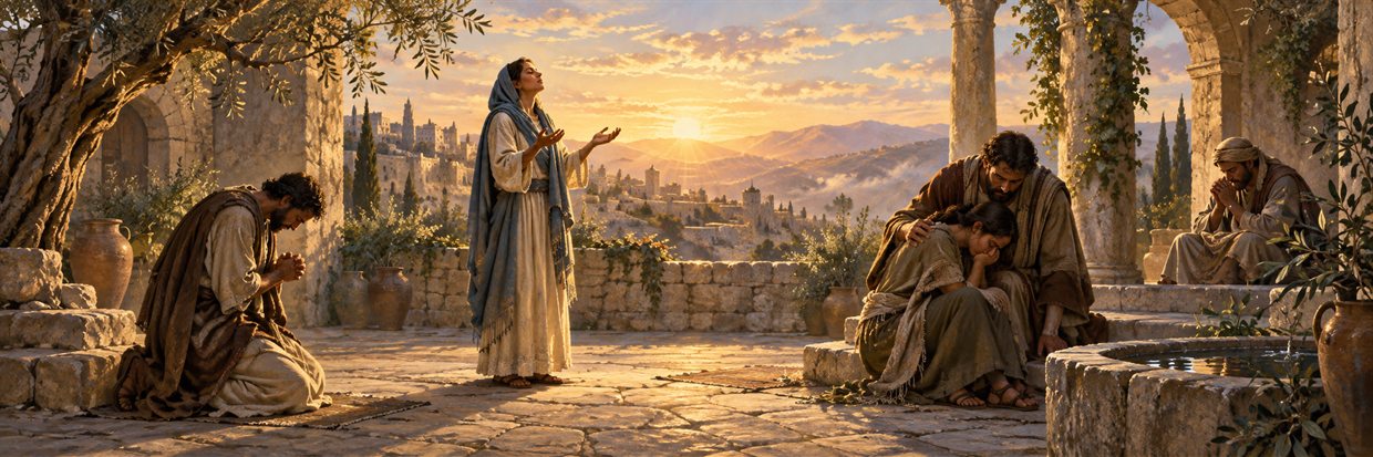 People pray and support one another in a quiet courtyard at dawn.