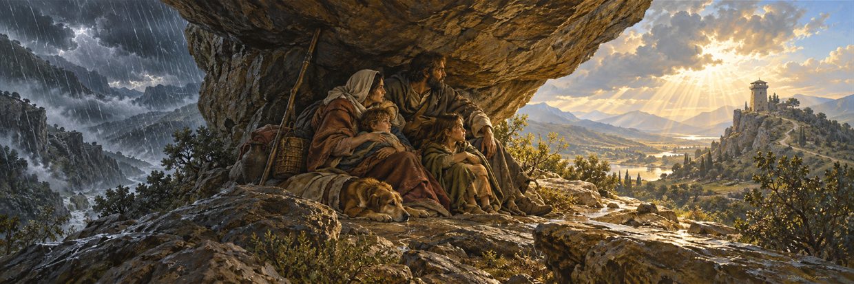 A family shelters beneath a great rock as a storm passes into light.