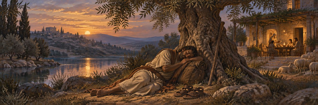 A weary traveler sleeps beneath an olive tree beside still water.
