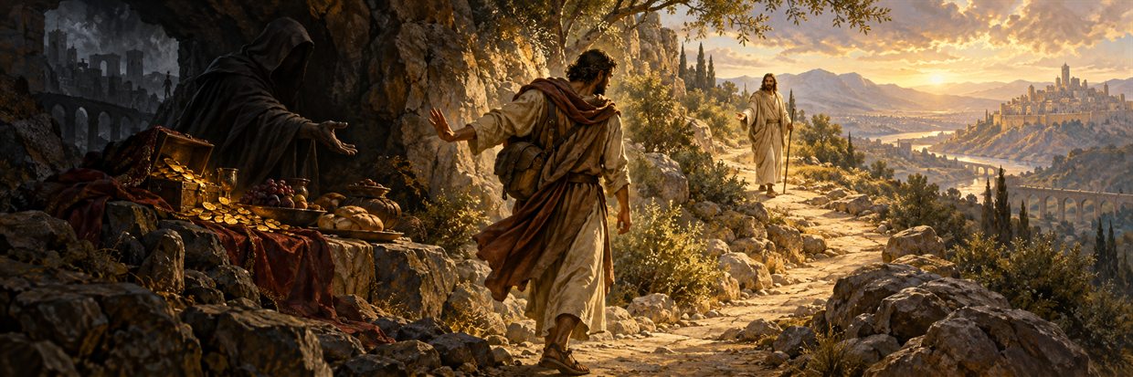 A traveler turns from a shadowed shortcut toward the clear road ahead.
