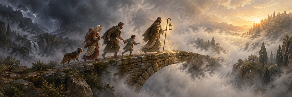 A family follows a lamp-bearing shepherd across a bridge hidden by mist.