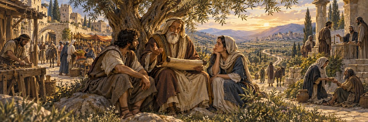 An elder teaches practical wisdom beneath an olive tree in a busy village.