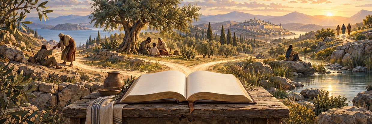 An open Bible overlooks branching paths through scenes of companionship, help, rest, and a journey toward dawn