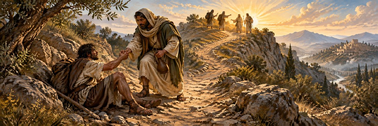 One traveler offers water and a hand to another on a steep road.