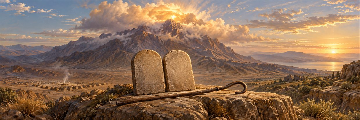 Two blank stone tablets and a shepherd’s staff on a rock ledge below a clouded desert mountain at dawn.