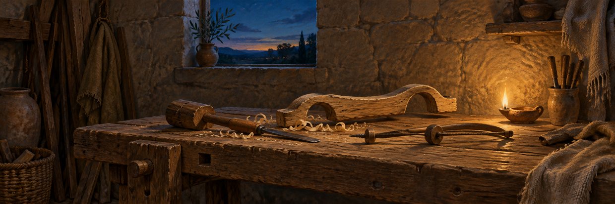 A carpenter's workbench in a quiet room at dusk, with tools laid down and a single lamp