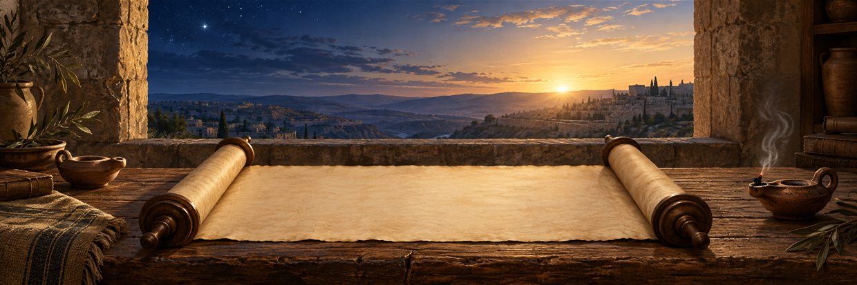An open blank scroll on a table at first light, beside an oil lamp that has nearly burned out
