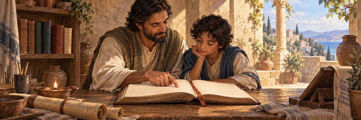 An adult reader helps a young learner find a place in a large open Bible