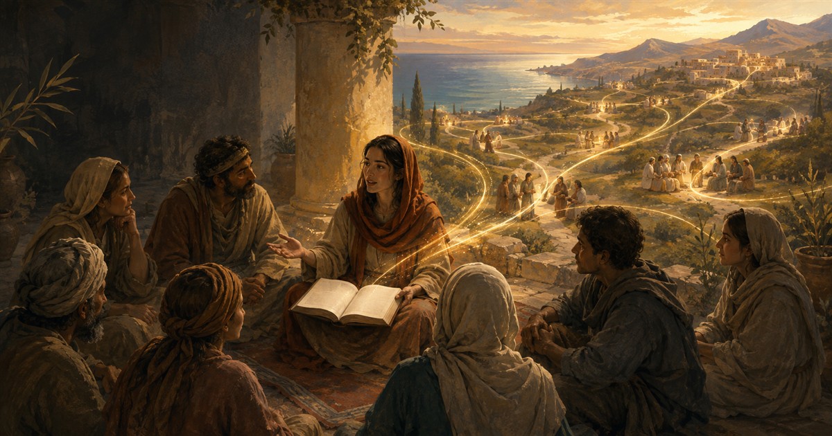 A community listening together as light carries Scripture across distant villages