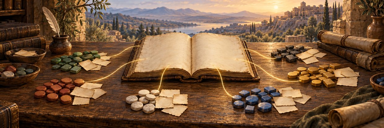 Blank parchment slips and colored tokens form distinct groups around an open Bible