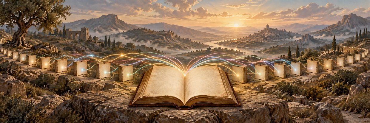 Colored threads of light connect an open Bible with a long sequence of blank parchment leaves