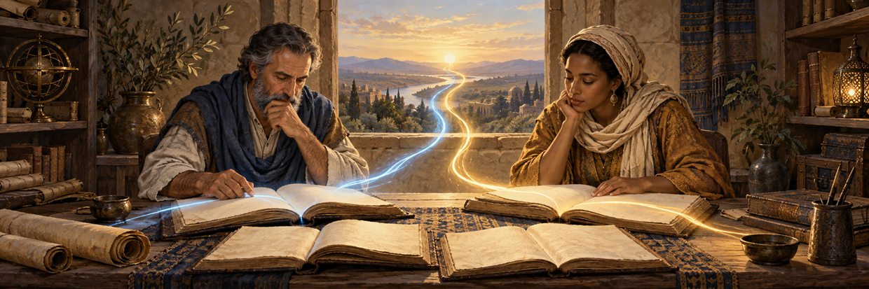 Two scholars compare open books as blue and gold paths travel toward one horizon