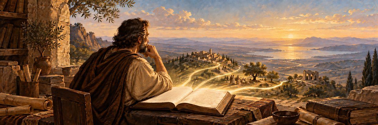 A scholar looks beyond an open Bible toward a wide sunlit horizon