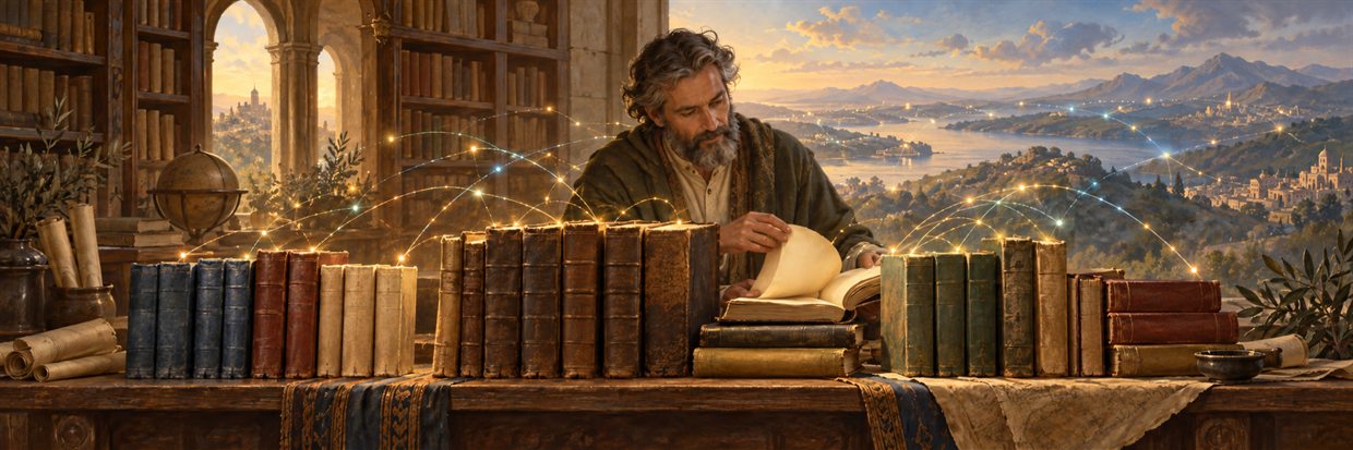 A scholar opens a book beside several collections linked by gentle points of light