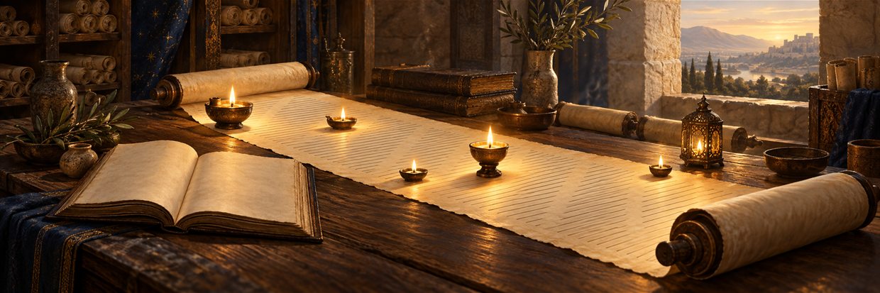 A long scroll of names unrolled across a scholar's table beside an open Bible