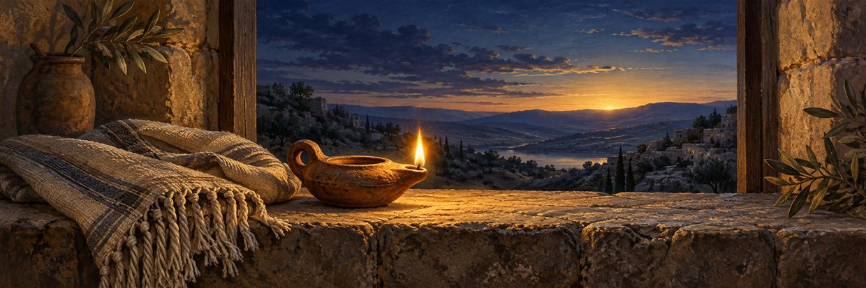 A small oil lamp burning on a stone ledge before dawn, with a folded prayer shawl beside it