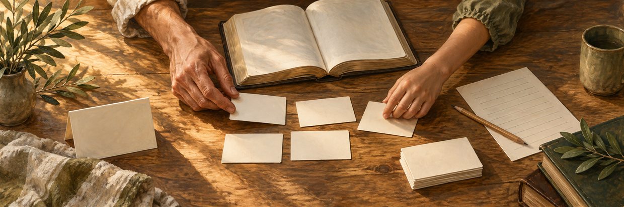 An adult and child arrange blank verse cards beside an open Bible and a handwriting sheet, seen from above