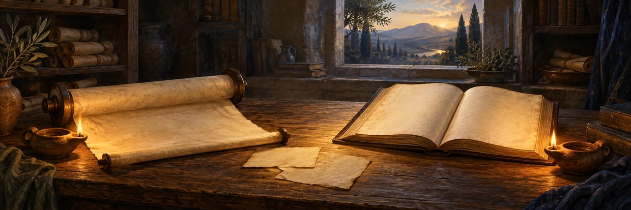 Two lamps on a scholar's table, one beside an open scroll and one beside an open codex