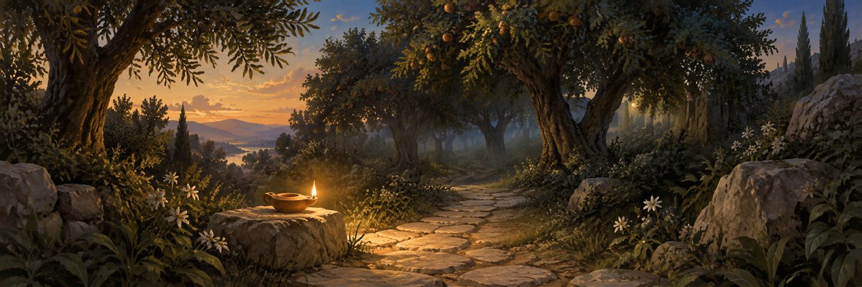 A lamp left burning at the edge of a quiet garden at evening