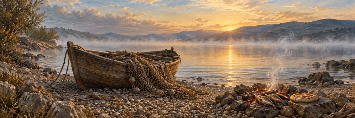 A fishing boat drawn up on a quiet lakeshore at dawn beside a small charcoal fire
