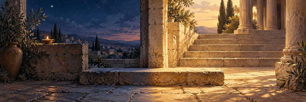 A stone threshold between an open-air courtyard at dusk and a sunlit stairway, two paths meeting at one step