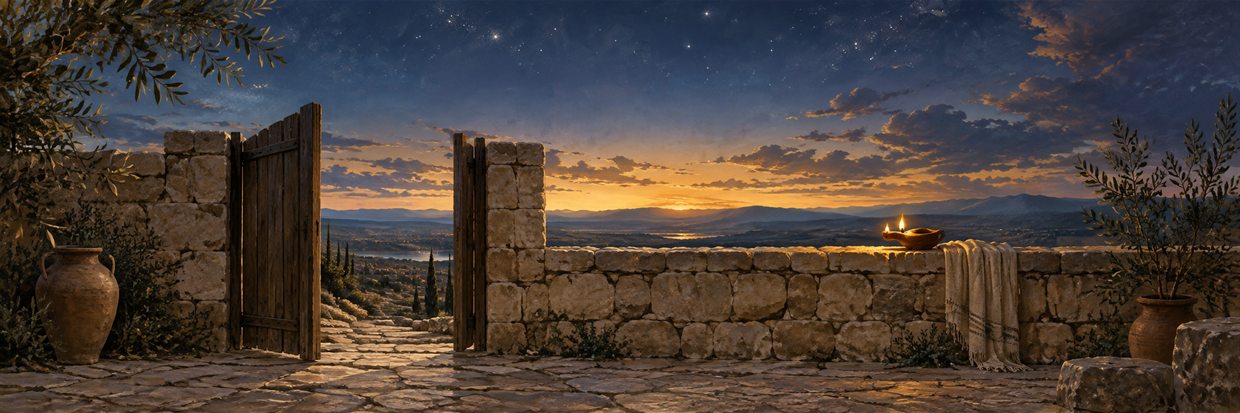 An empty stone courtyard under a wide evening sky, with a single low wall and an open gate