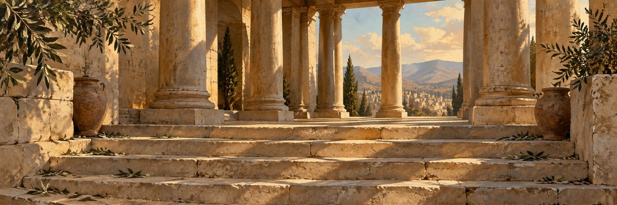 A worn stone stairway leading up to a shaded colonnade in late afternoon light