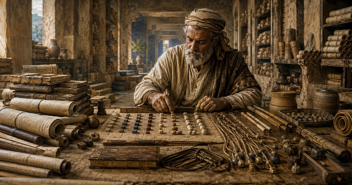 An ancient researcher carefully counting and measuring a library of manuscripts