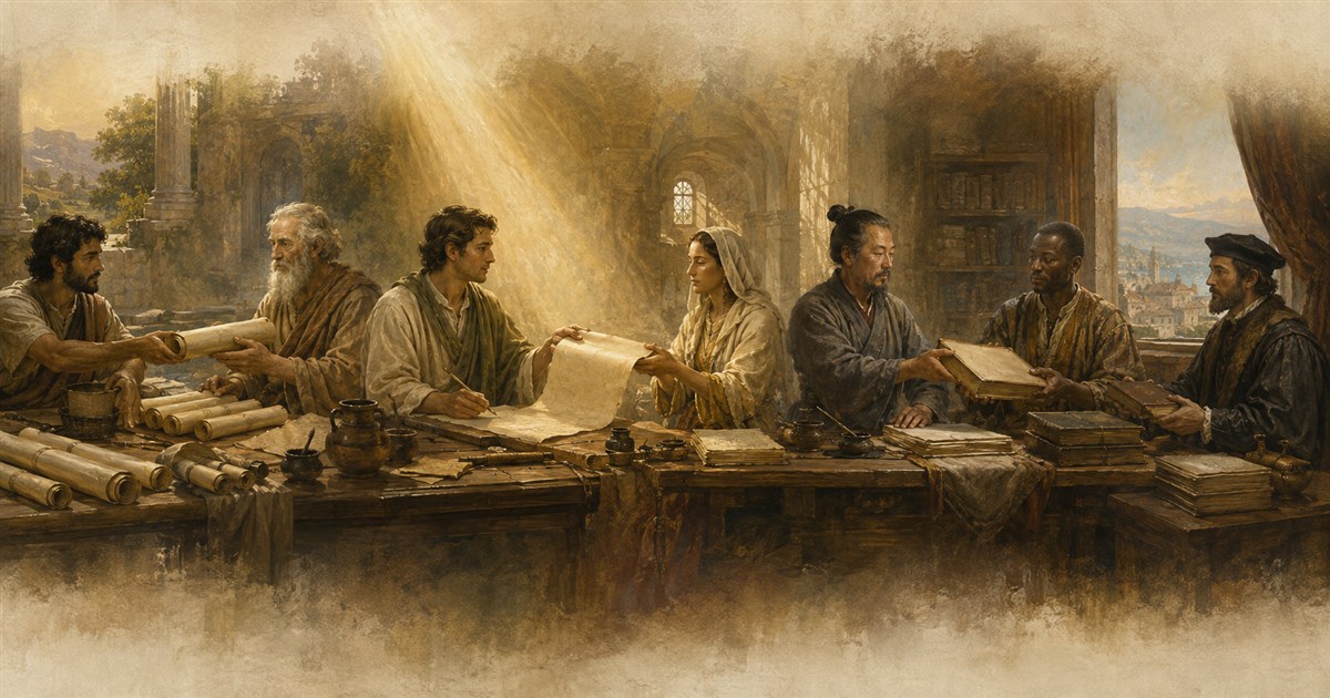 Scribes and translators passing manuscripts across generations