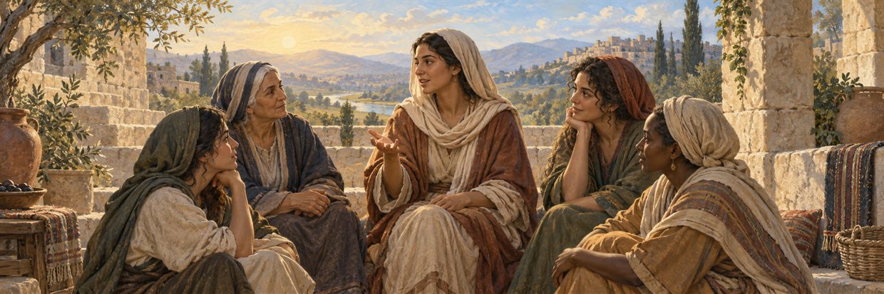 Women of different ages speaking and listening together in an ancient stone courtyard at dawn.