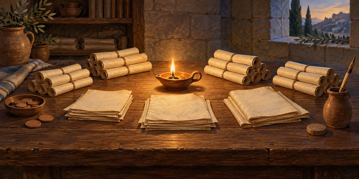 Grouped blank scrolls and parchment sheets arranged around a central lamp on a scholar's table