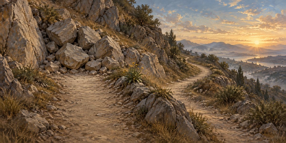 One hillside path ending at fallen stones while another quieter path curves toward dawn