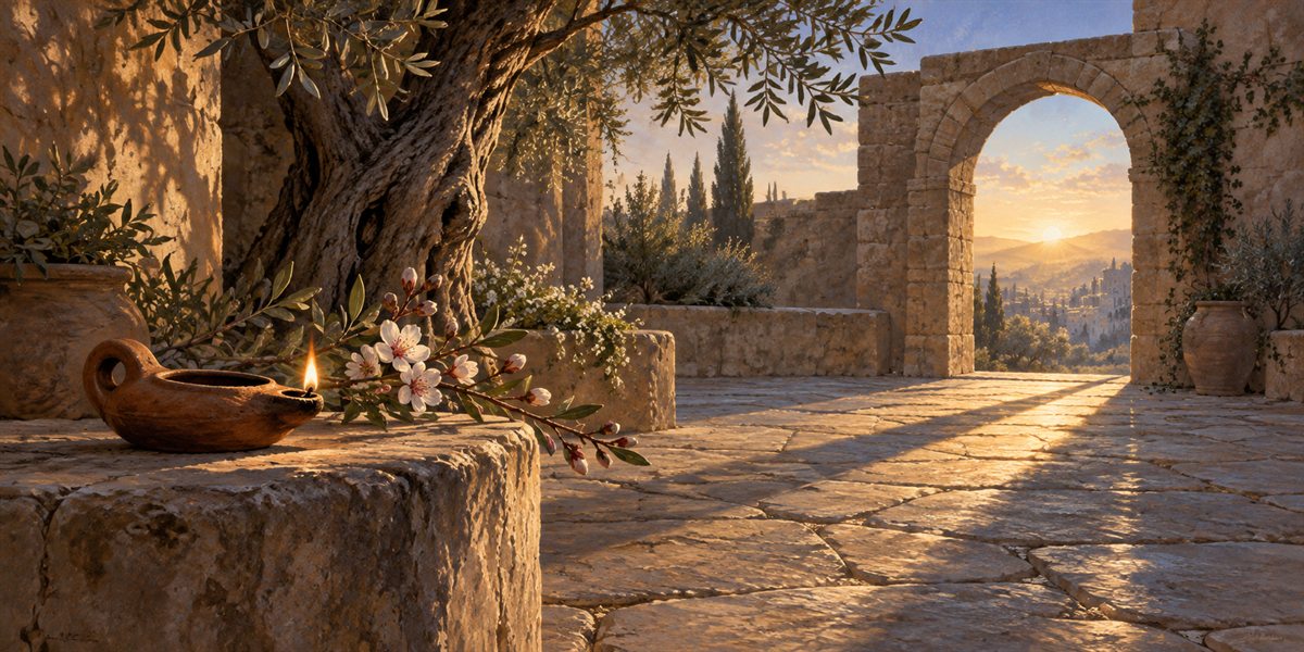 A nearly spent lamp, flowering branch and long dawn shadows in a quiet stone courtyard