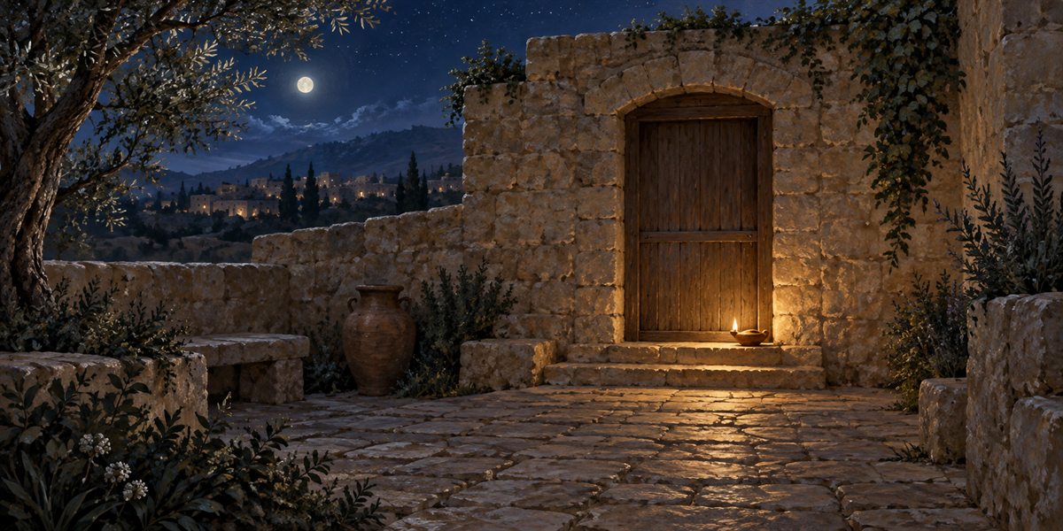 A closed wooden doorway in a stone courtyard at night with a small lamp still burning on the threshold
