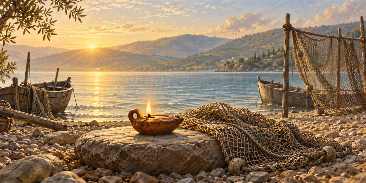 A small burning clay lamp and folded fishing net on the shore of a lake at morning