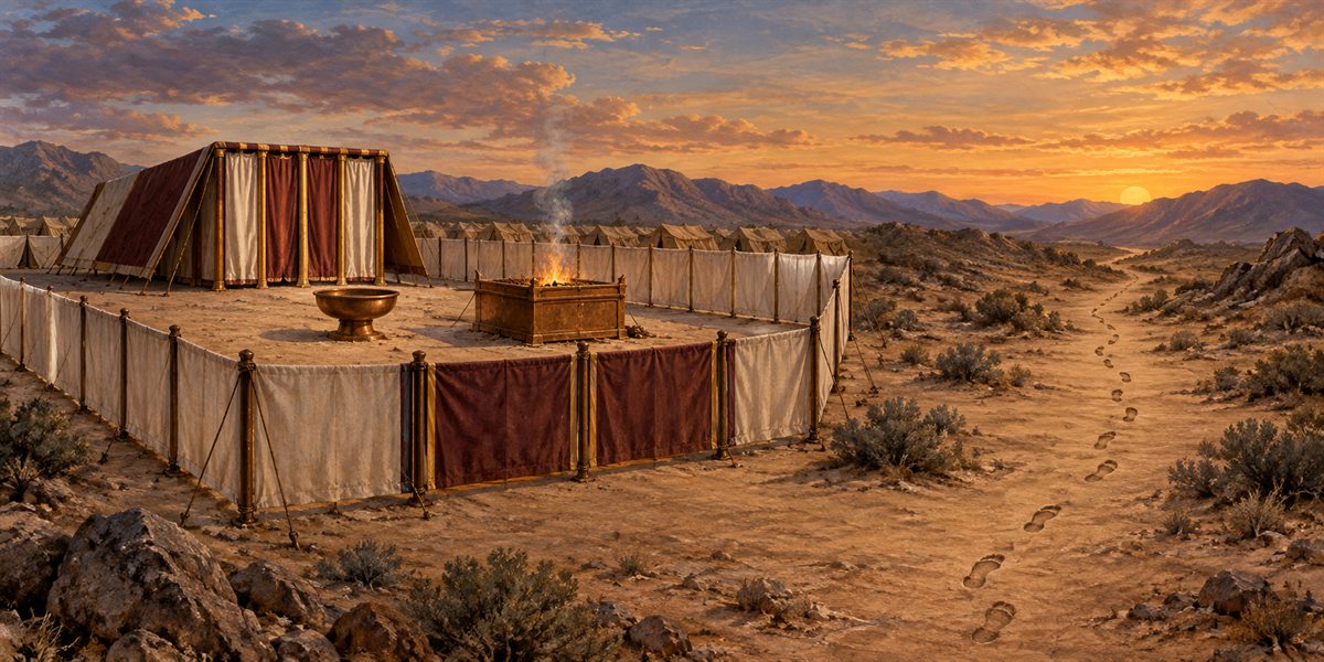 An ordered desert sanctuary courtyard beside a single trail of footprints leading toward the horizon