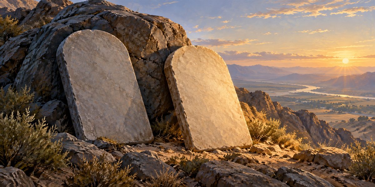 Two blank stone tablets, one in mountain shade and one catching the first light above a river valley
