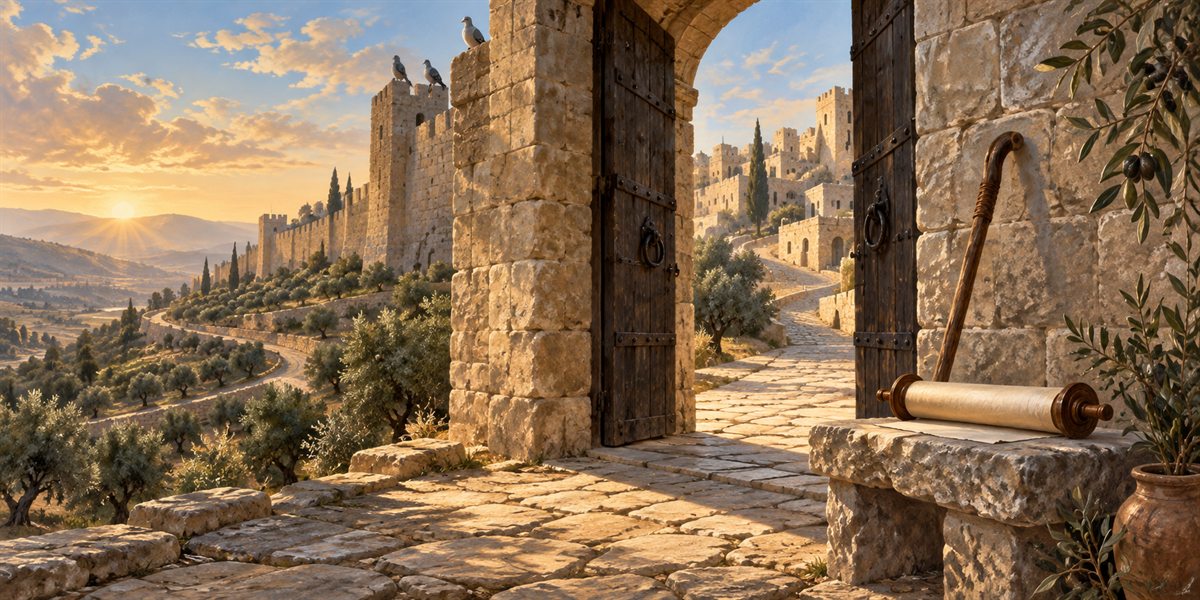 A blank scroll and walking staff resting beside the open gate of an ancient hill city