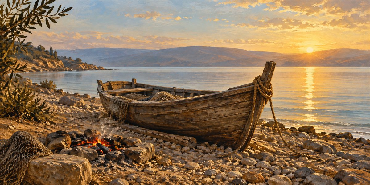 An empty fishing boat and the embers of a charcoal fire beside a quiet lake at dawn