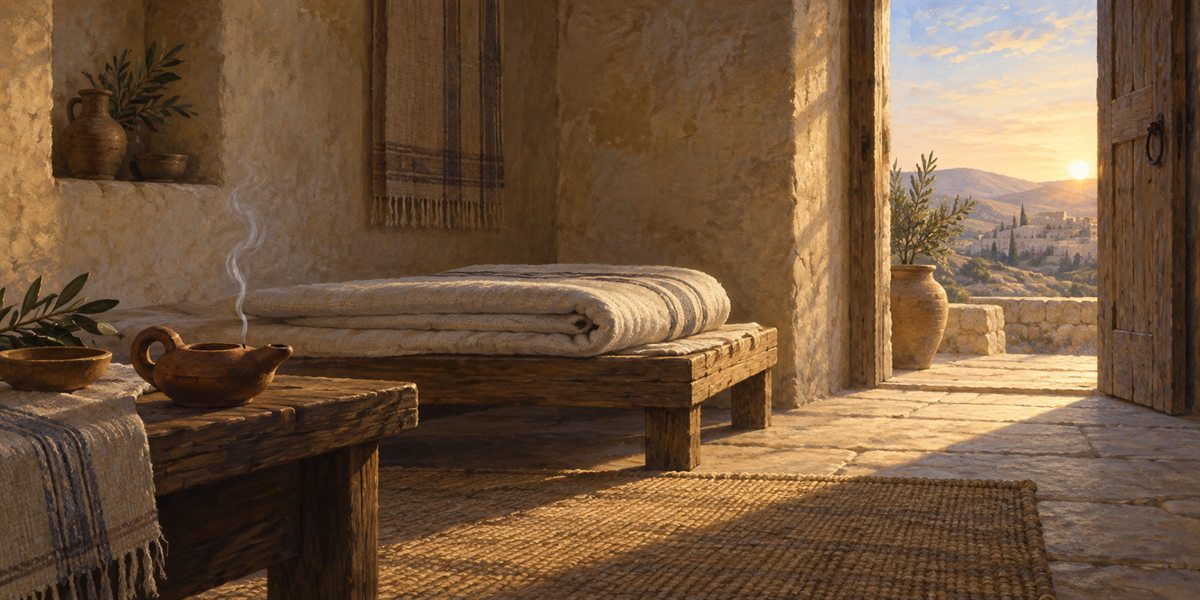 Folded bedding and an extinguished lamp in a quiet stone room at dawn