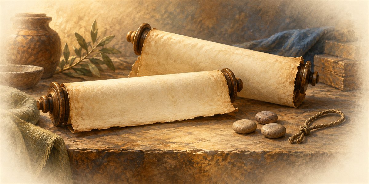 Two overlapping blank scrolls beside three unmarked counting stones and a knotted cord