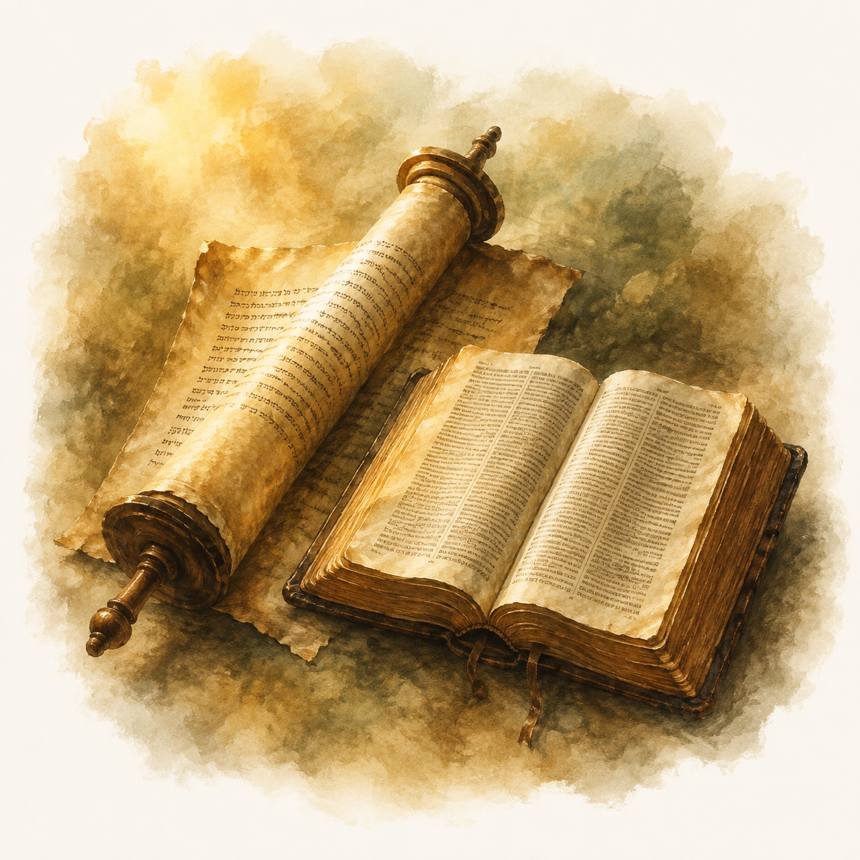 A parchment scroll beside an open leather-bound Bible.