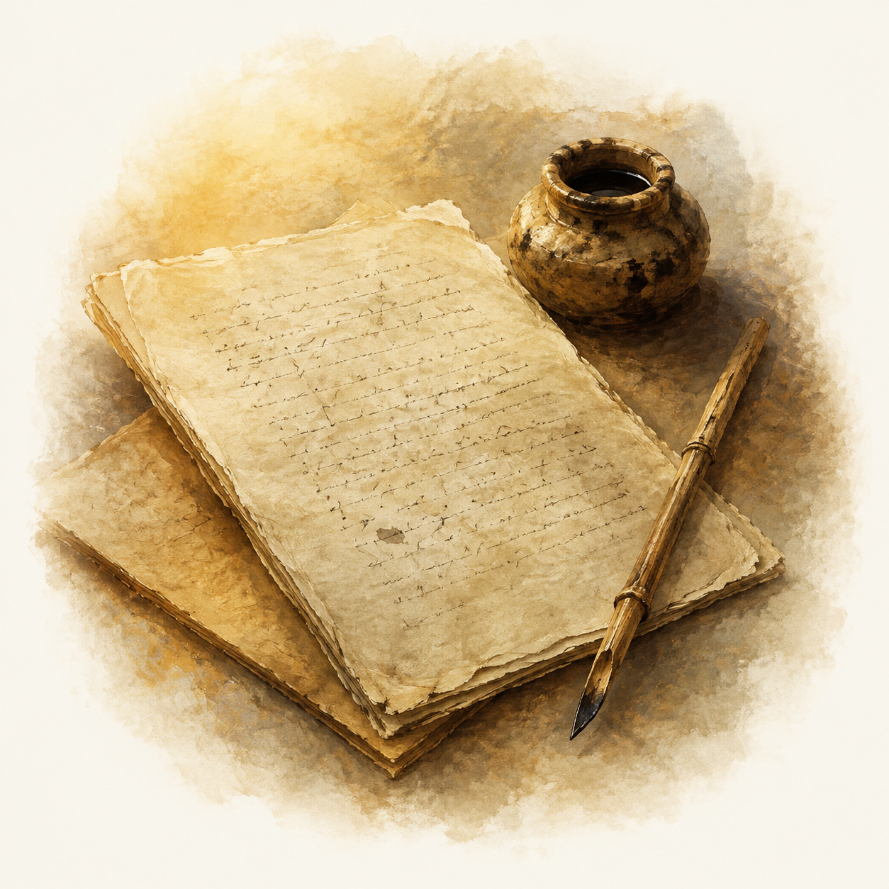 Manuscript pages, a reed pen, and an earthenware ink pot.