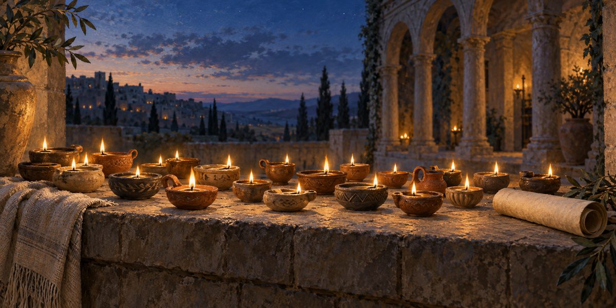 Many distinct clay lamps burning together beside a blank scroll at twilight